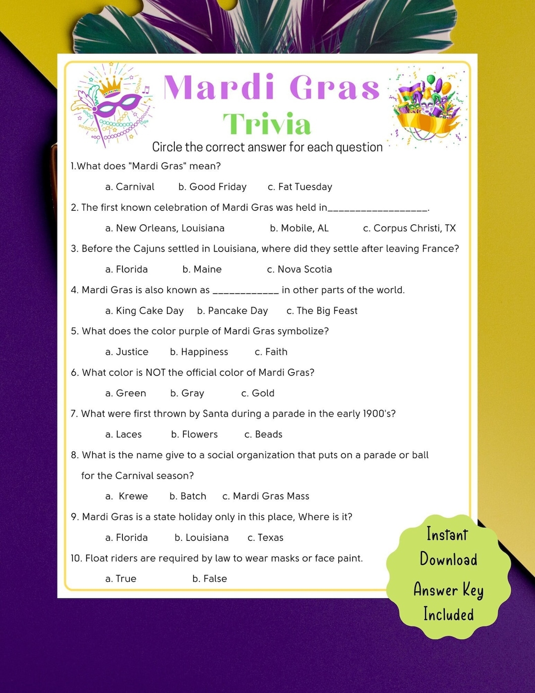Mardi Gras Trivia Game Mardi Gras Printable Game For Kids Adults Fun Mardi Gras Party Game Mardi Gras Activities L Virtual Game Etsy