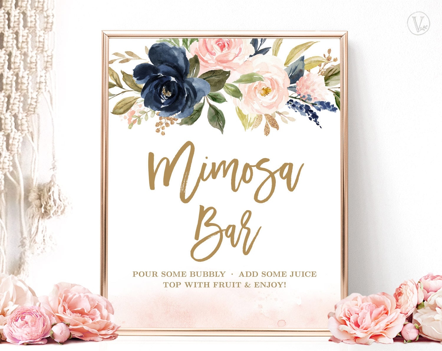Mimosa Bar Sign Printable Bridal Shower Sign Bridal Shower Mimosa Bar Sign Bubbly Sign Navy Blush Pink Gold VWC78 Etsy