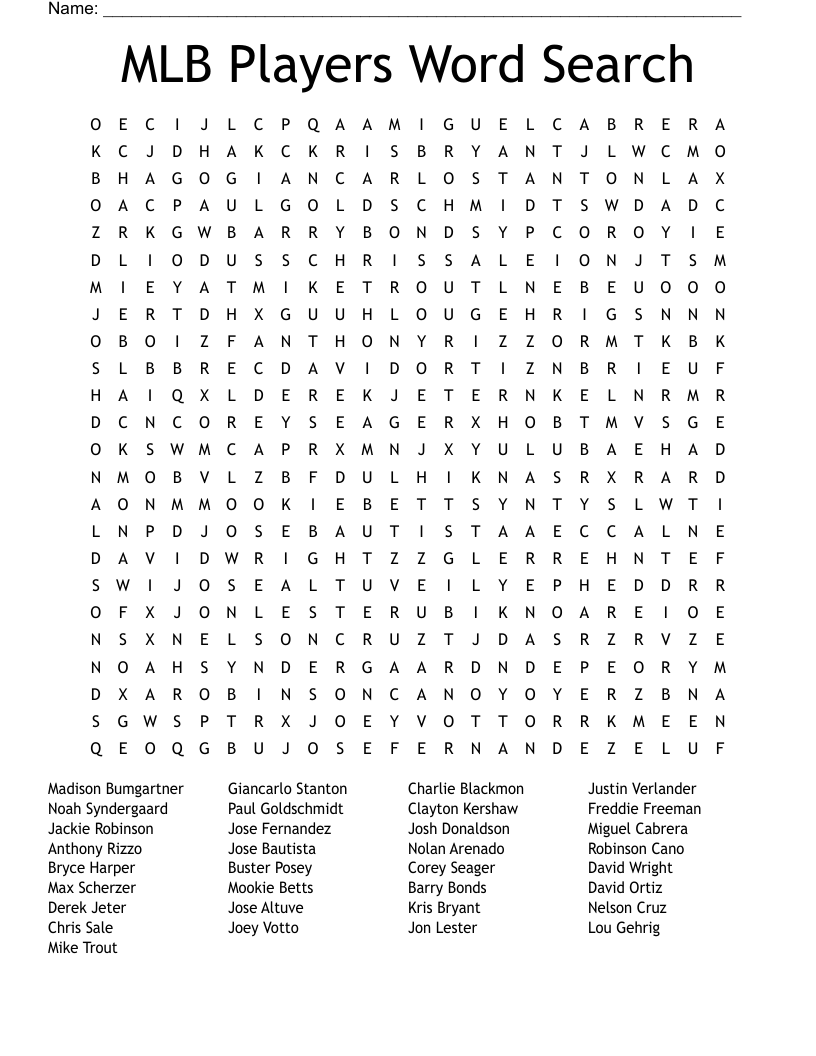 MLB Players Word Search WordMint