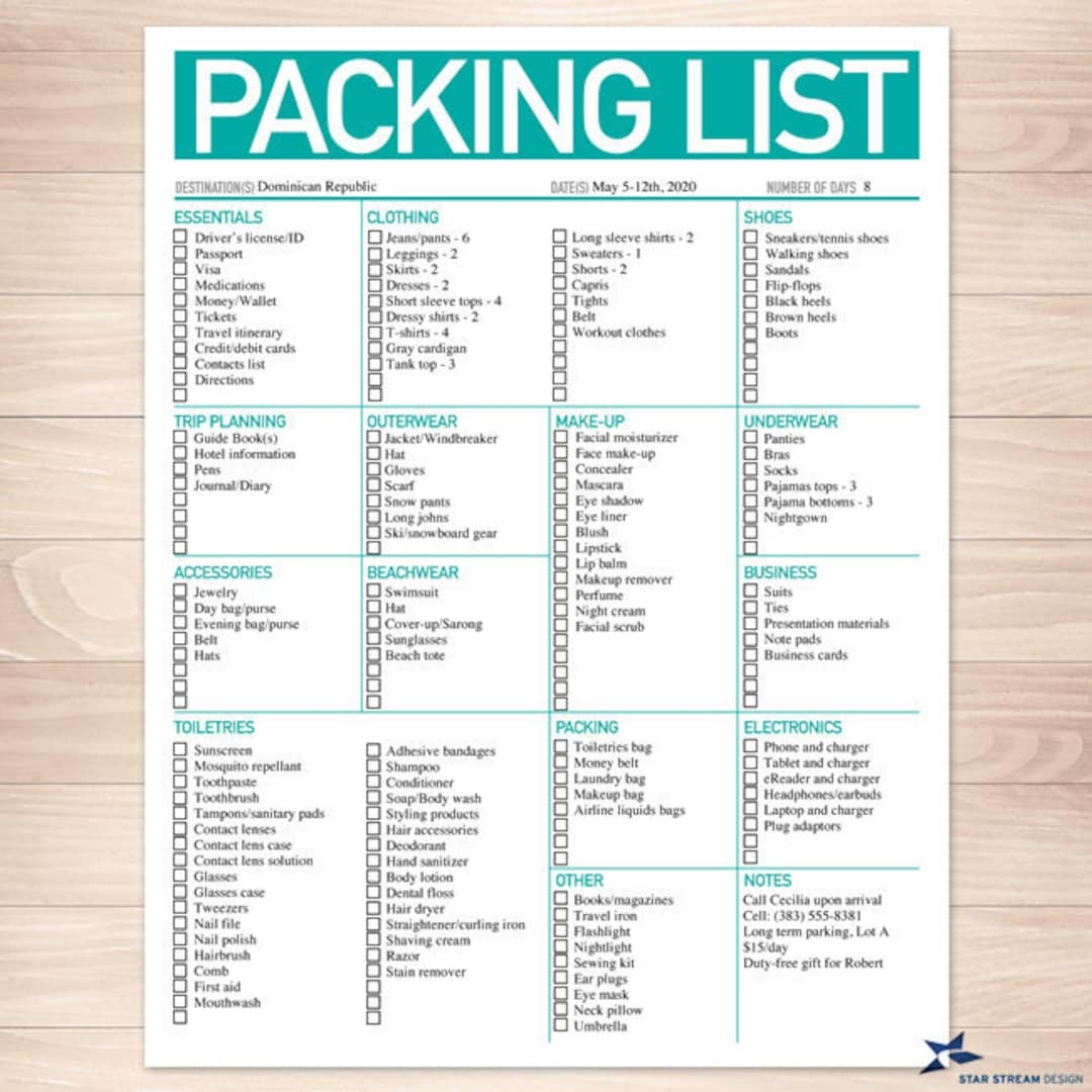 Modern Bright Aqua Printable Packing List 8 5x11 Editable PDF Instant Download Checklist Etsy