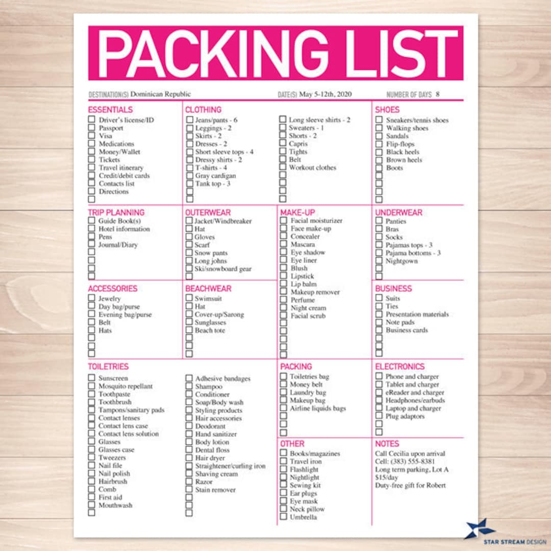 Modern Bright Pink Printable Packing List 8 5x11 Editable PDF Instant Download Checklist Etsy