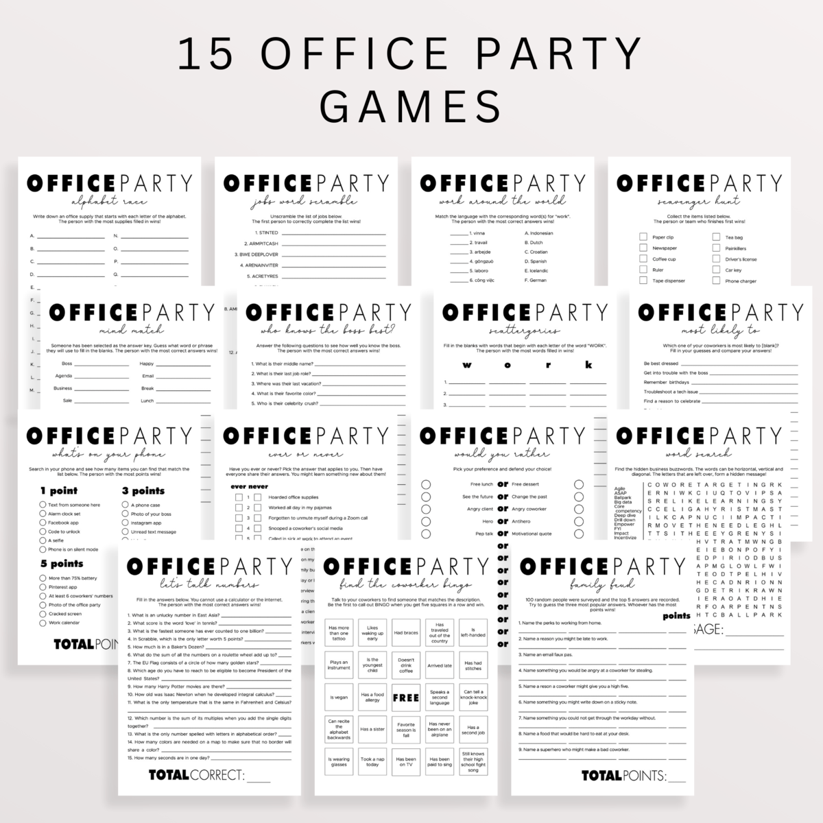 Modern Office Party Games Bundle Editable Templates 15 Games