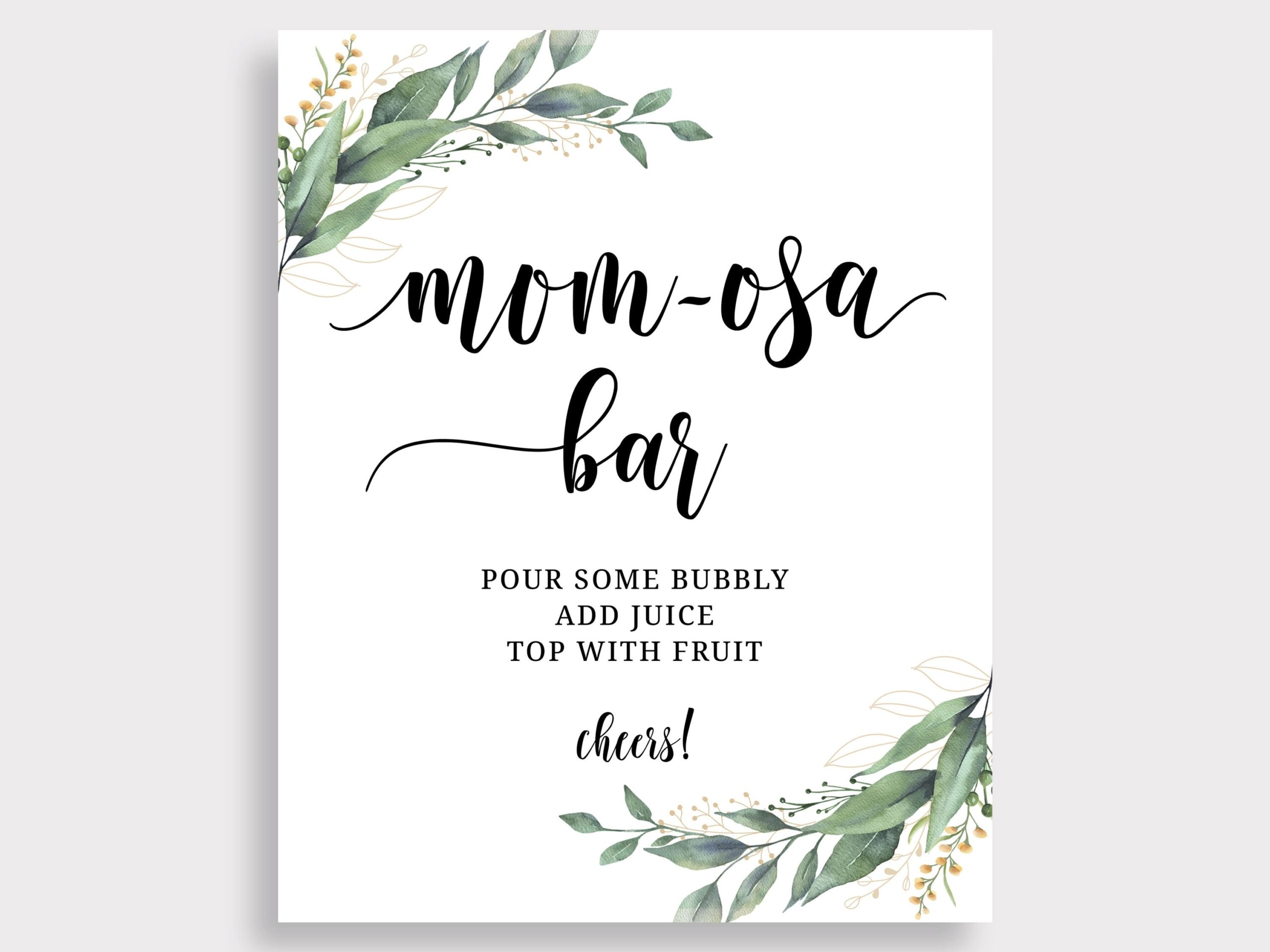 Momosa Bar Sign Printable Greenery Baby Shower Mom osa Bar Sign Greenery Baby Shower Sign Leaves Bubbly Bar Sign Instant Download D28 Etsy