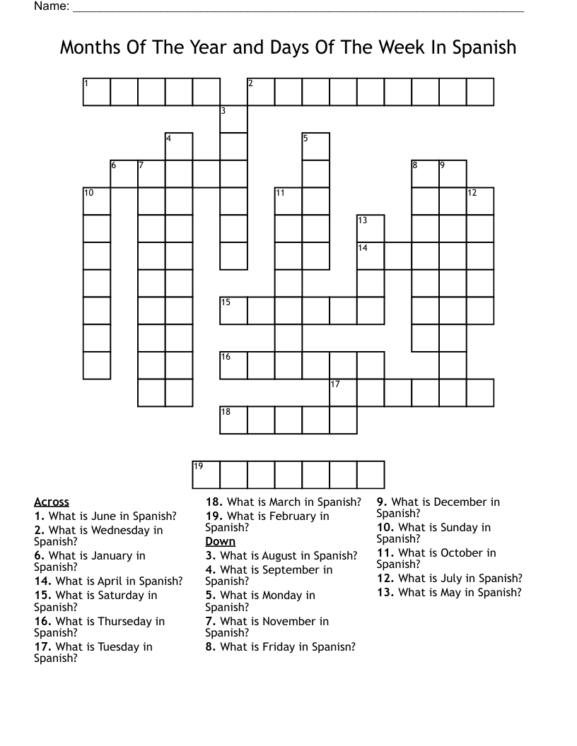Months Of The Year And Days Of The Week In Spanish Crossword WordMint