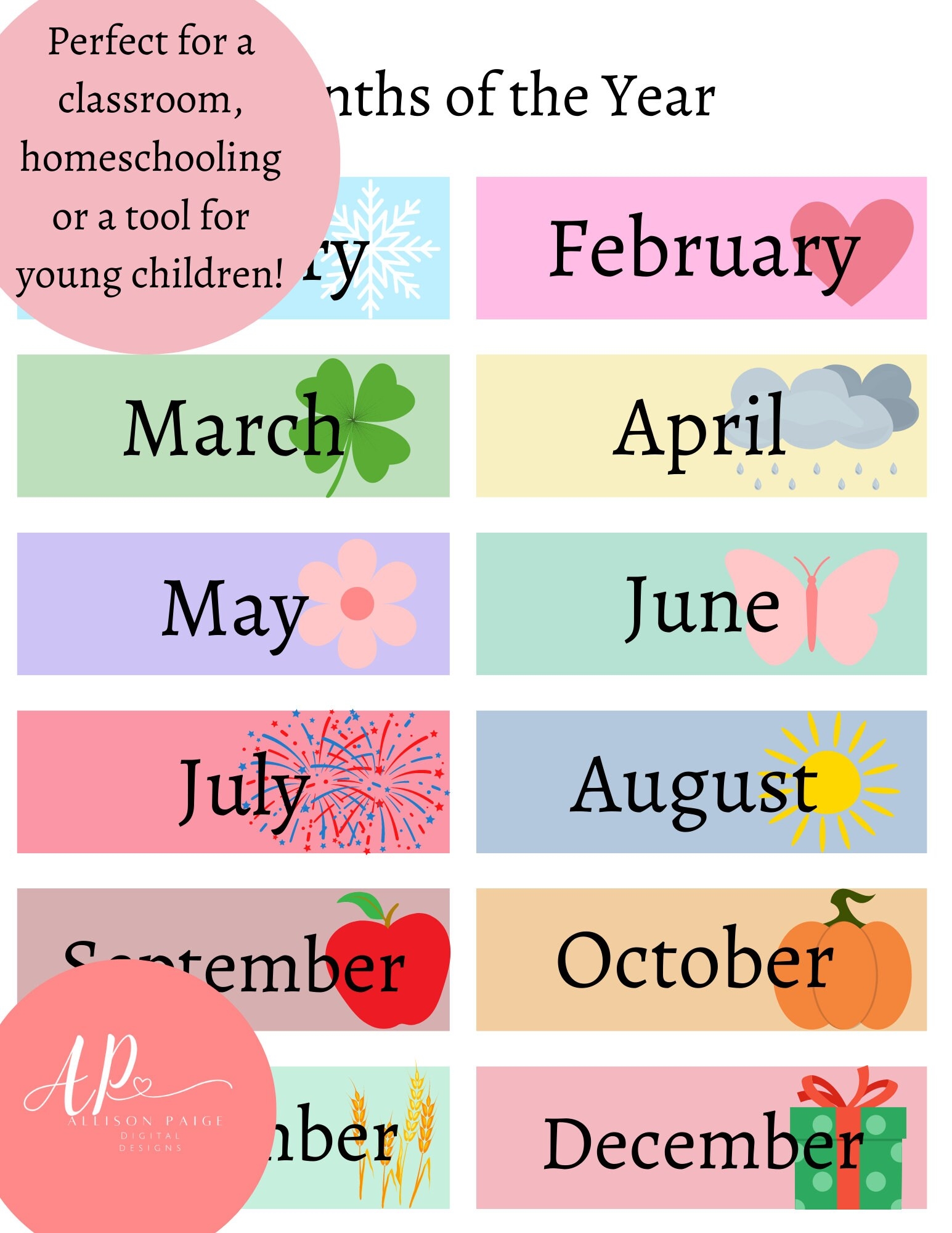 Months Of The Year Digital Download Printable Etsy