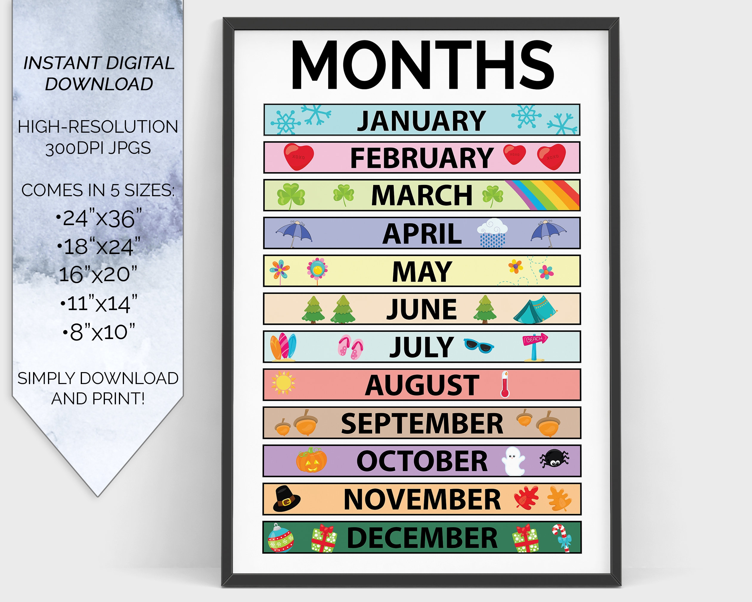 Months Of The Year Education Learning Chart Poster Printable Homeschool Virtual Learning Classroom Wall Poster Printable Elementary School Etsy