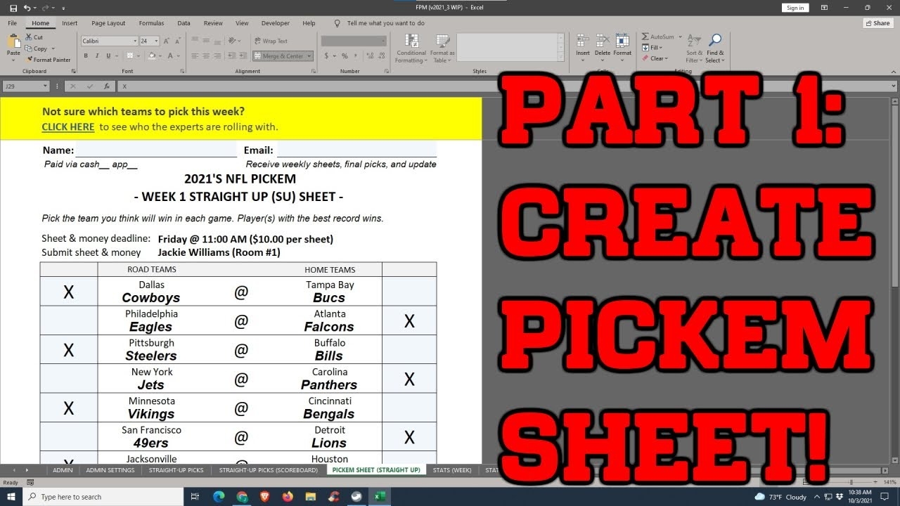 NFL Football Office Pick em Pool Sheet In Excel Pt 1 Create A Pickem Sheet YouTube