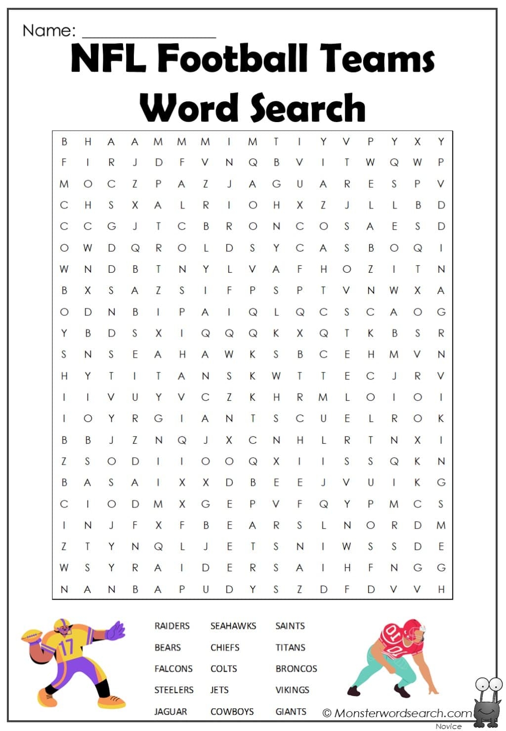 Nfl Football Teams Word Search Monster Word Search