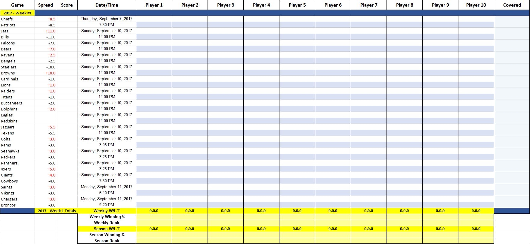 Nfl Picks Spreadsheet Excel Templates Printable Nfl Schedule Football Picks