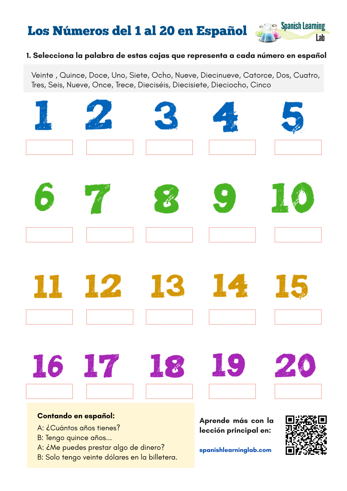 Numbers In Spanish From 1 To 20 PDF Worksheet Spanish Learning Lab