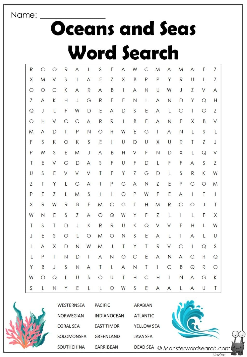 Oceans And Seas Word Search Ocean Words Word Find Word Search Puzzles Printables