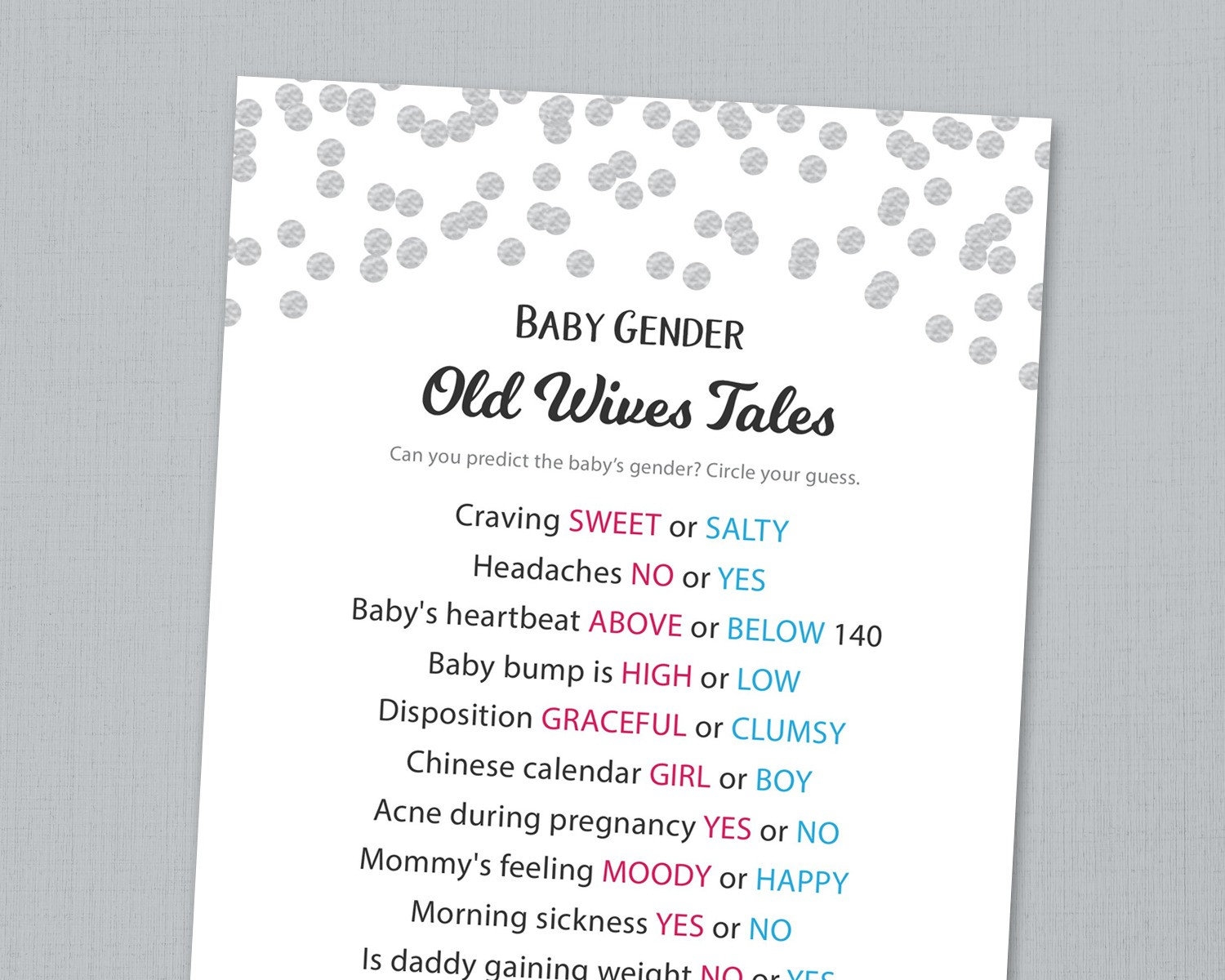 Old Wives Tales Gender Reveal Baby Shower Game Printable Silver Confetti Gender Prediction He Or She Boy Or Girl Blue Or Pink B016 Etsy