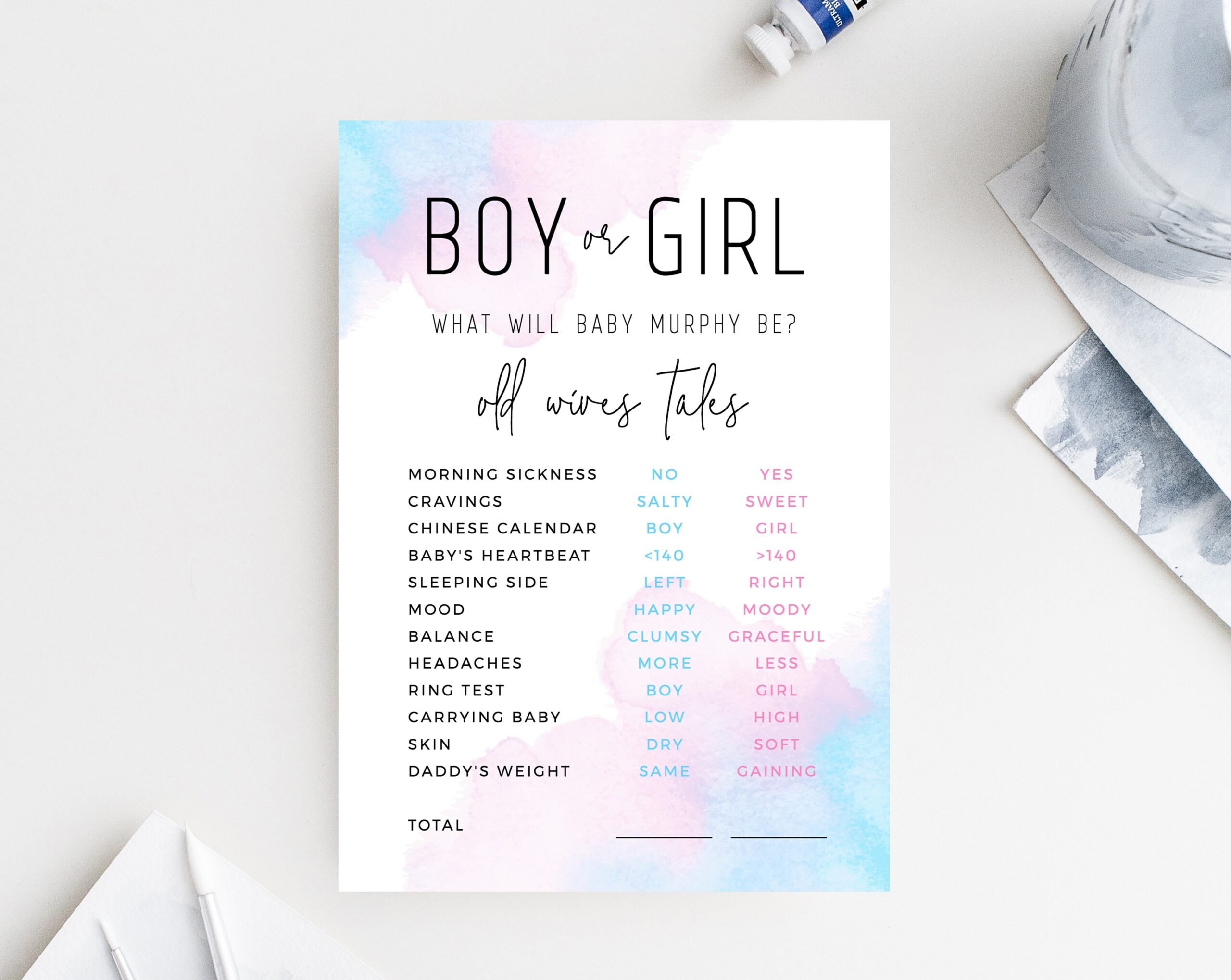 Old Wives Tales Template Printable Gender Reveal Old Wives Tales Chart Watercolor Boy Or Girl Gender Reveal Game Templett B01 Etsy