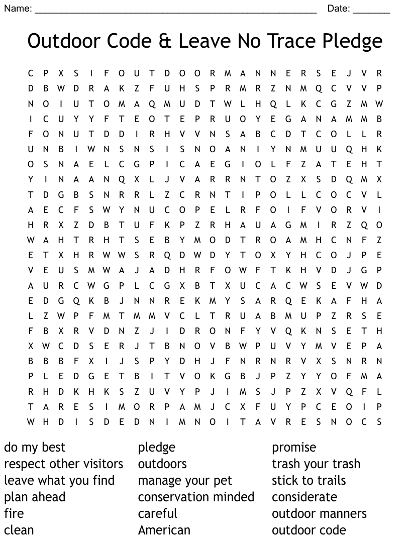 Outdoor Code Leave No Trace Pledge Word Search Halloween Word Search Halloween Words Medical Words