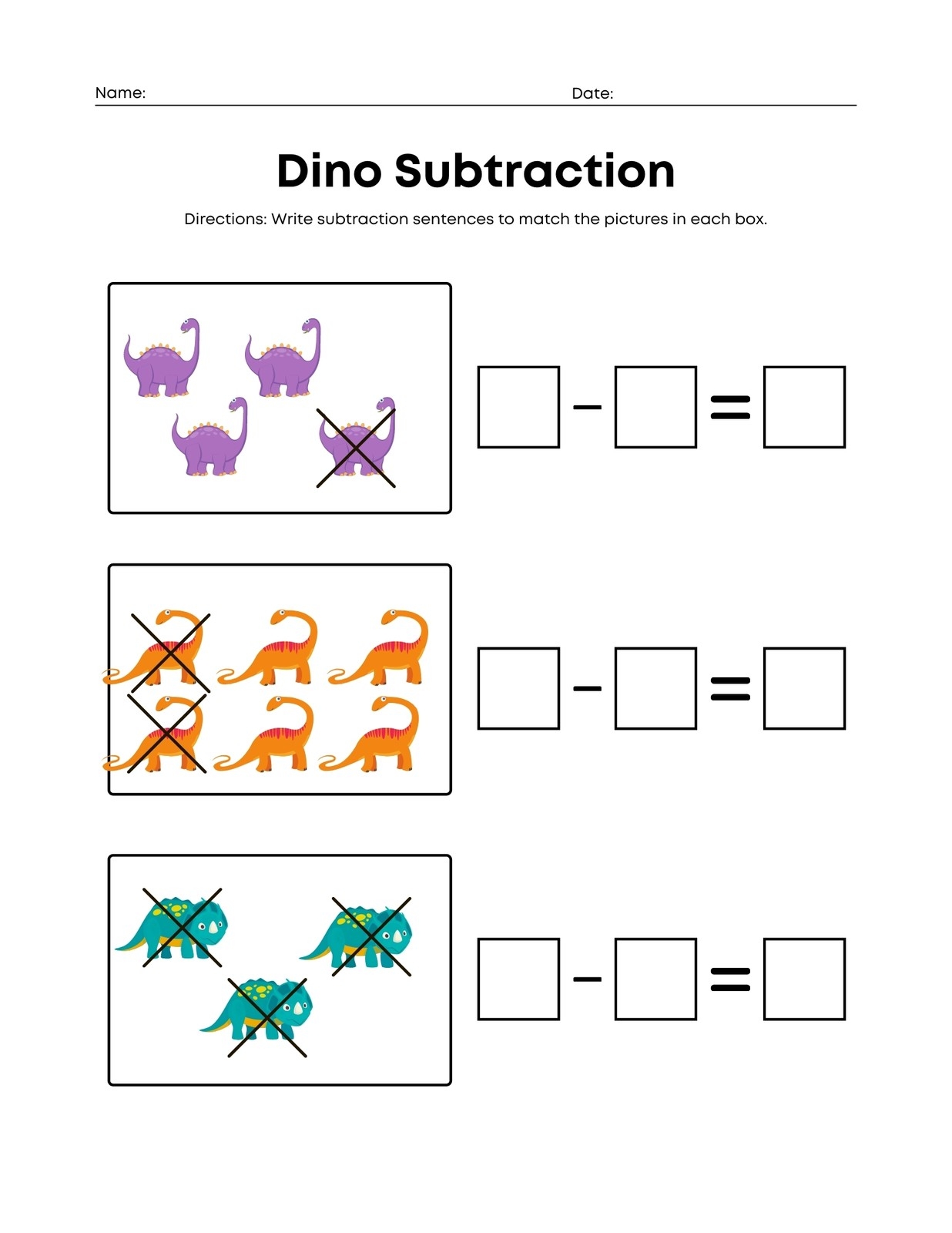Dinosaur Subtract And Match Worksheet