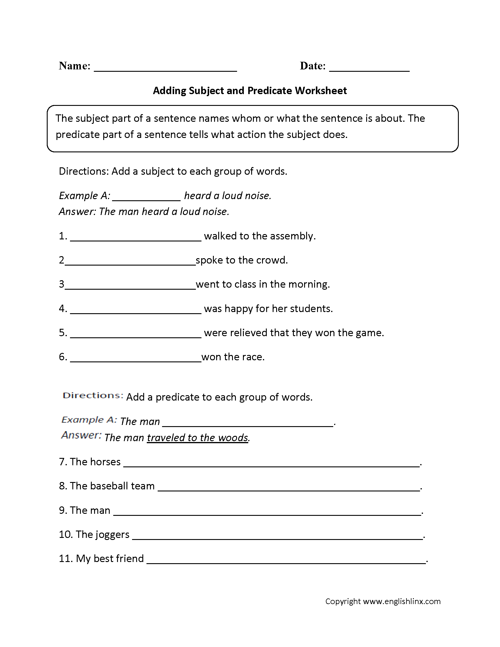Parts Of A Sentence Worksheets Subject And Predicate Worksheets