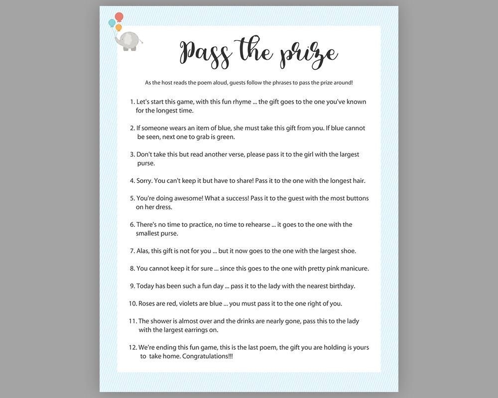 Pass The Prize Baby Shower Games Boy Baby Shower Rhyme Game Parcel Game Blue Pass The Parcel Game Elephant Baby Shower Game S004 Etsy Simple Baby Shower Baby Shower Poems 