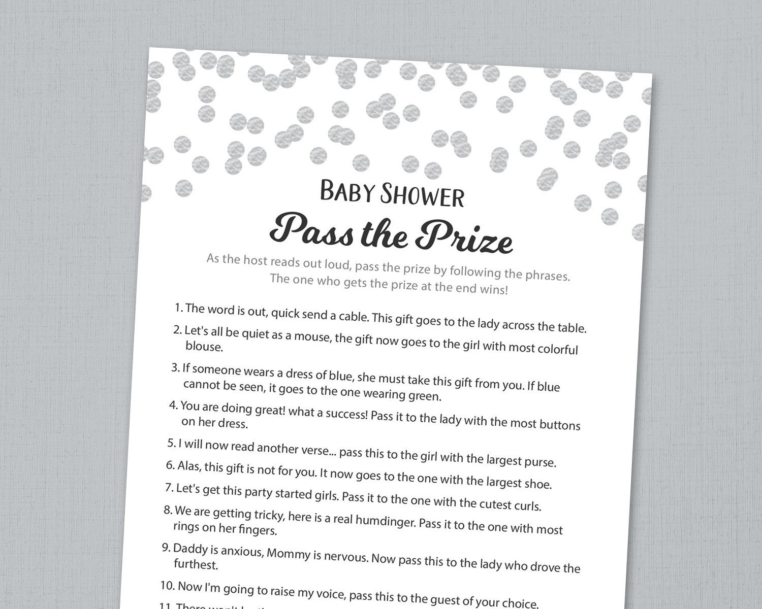 Pass The Prize Game Baby Shower Game Printable Silver Confetti Fun Baby Shower Activities Instant Download Pass The Parcel Gift B016 Etsy