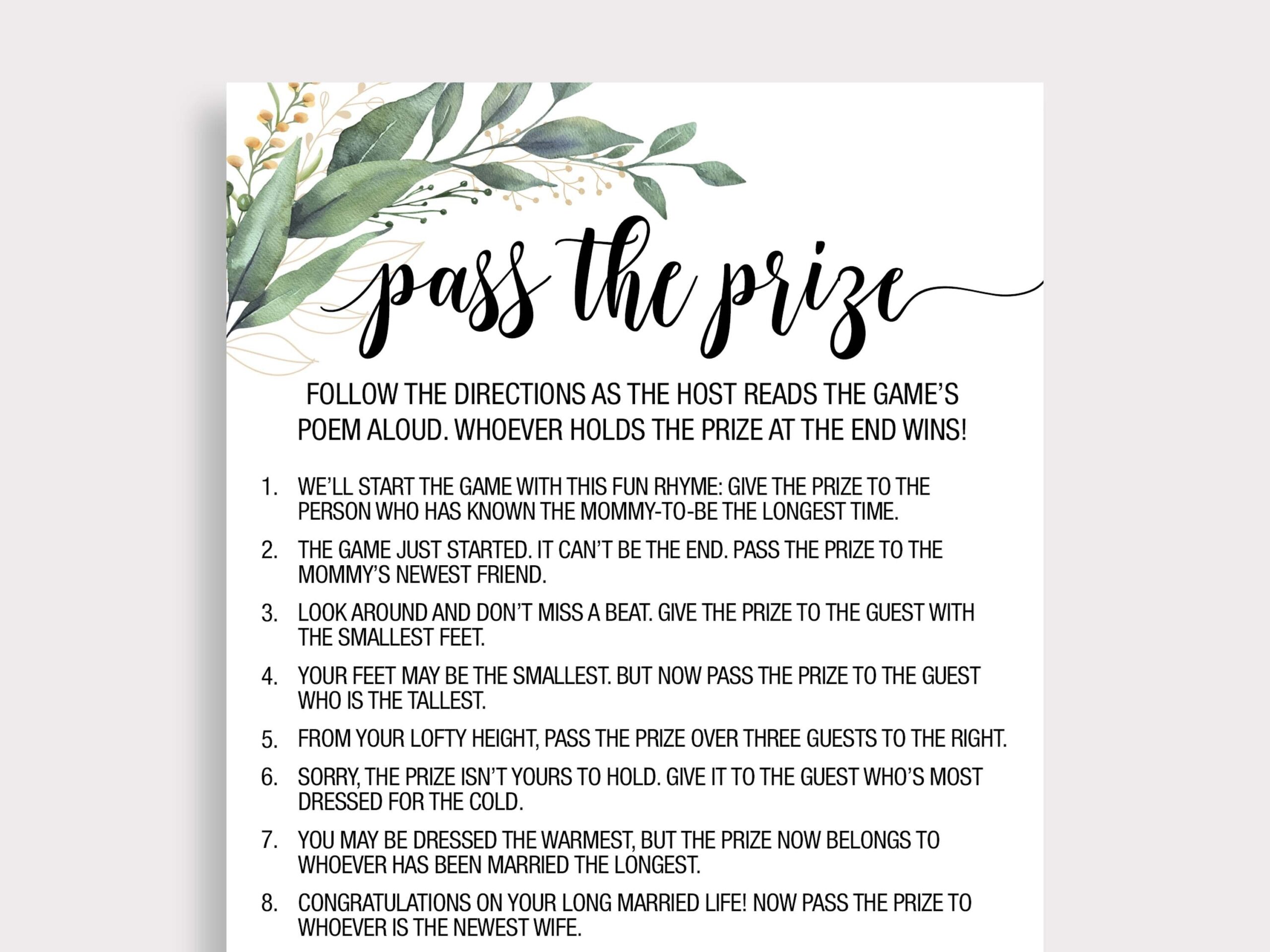 Pass The Prize Game Rhyme Game Greenery Baby Shower Game Baby Shower Game Pass The Gift Poem Gift Passing Poem Instant Download C16 Etsy
