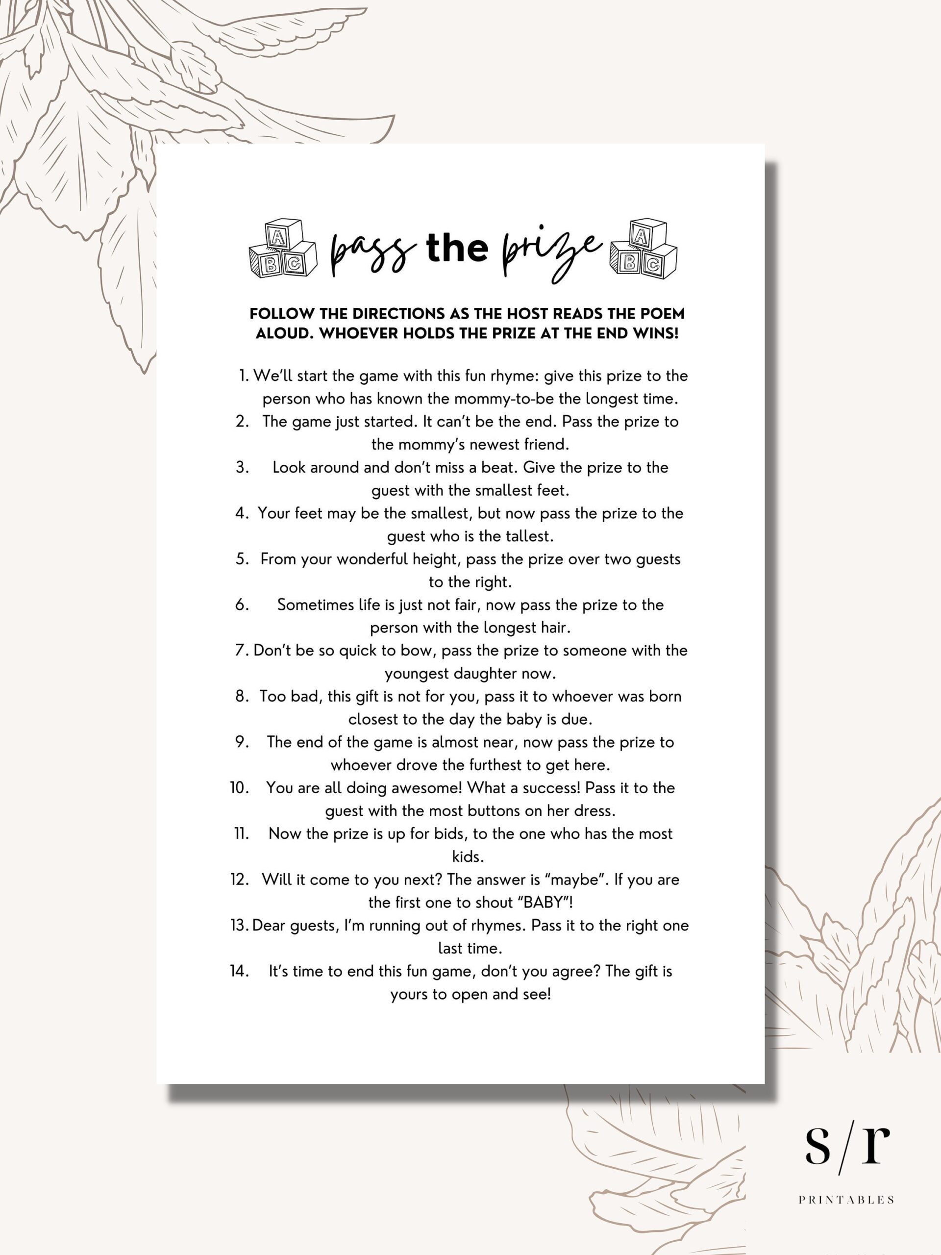 Pass The Prize Poem Game Printable Baby Shower Games Minimalist DIY Printable Instant Download PDF Etsy