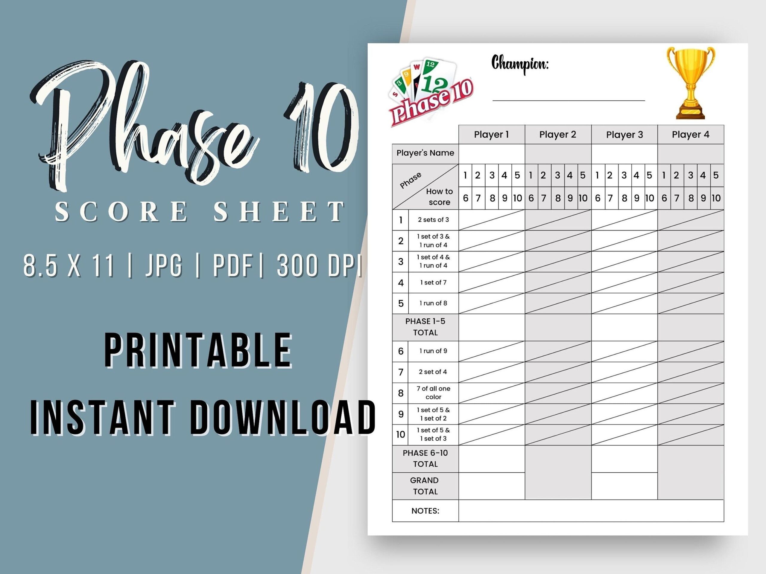 Phase 10 Card Game Printable Score Card Phase 10 PDF Score Sheet Digital Download Score Sheet Card Game Pdf File Etsy