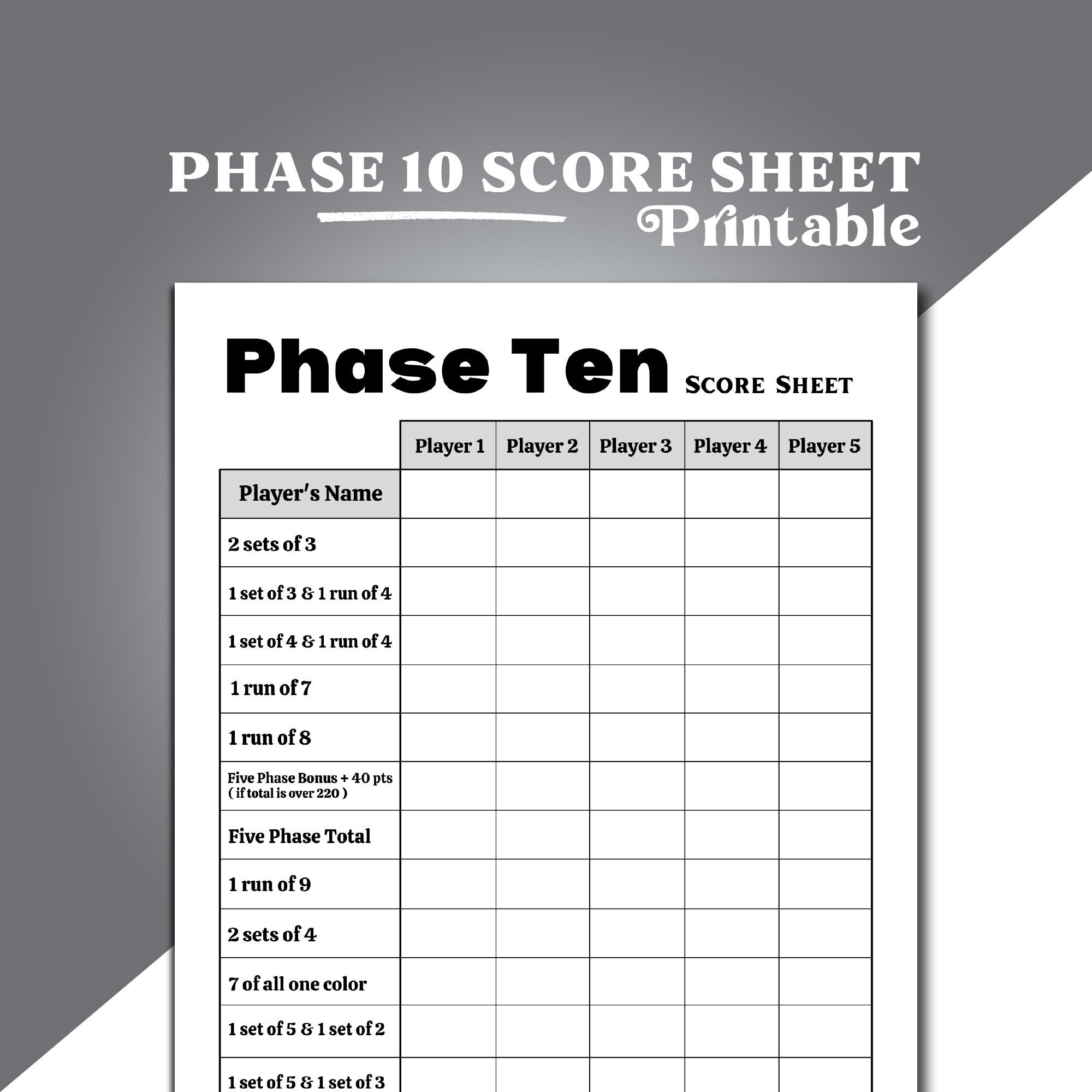 Phase 10 Card Game Score Sheet Phase 10 Score Sheet Phase 10 Score Keeper Phase 10 Score Card Printable Phase 10 Score Pad Etsy