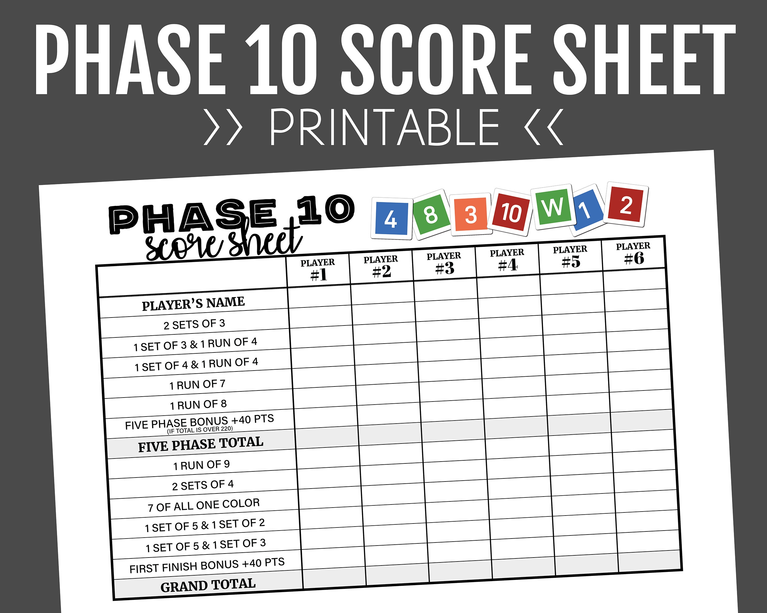 Phase 10 Score Sheet Printable Score Sheet Digital Instant Download Phase 10 Printable File PDF 8 5 X 11 A4 Etsy