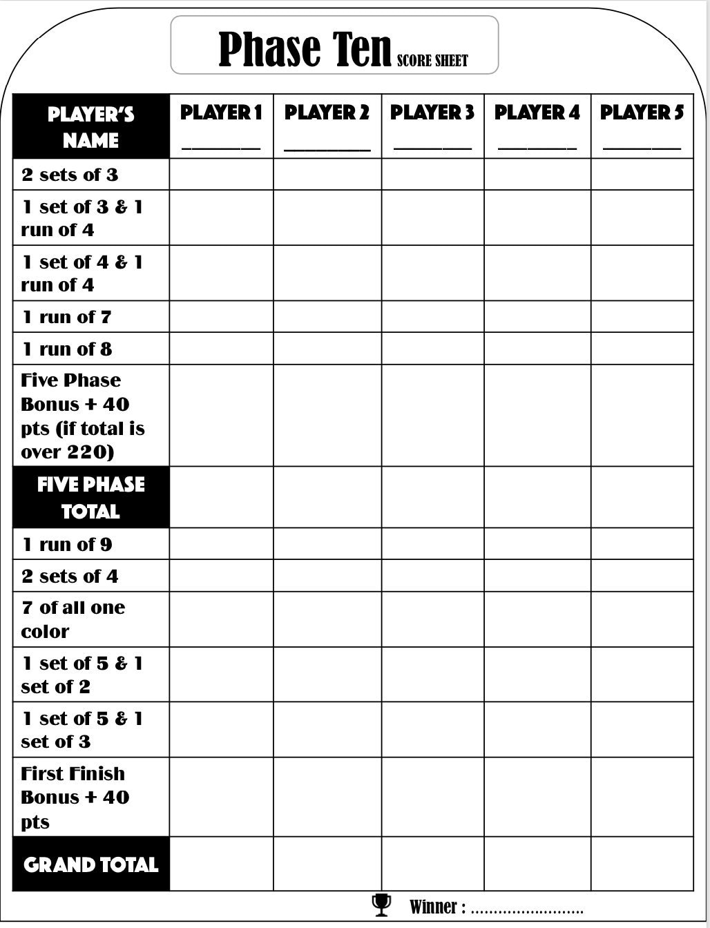 Phase Ten Score Card Phase Ten Scoresheet Phase Ten Score Pads Printable File PDF Download 8 5x11 Etsy Israel