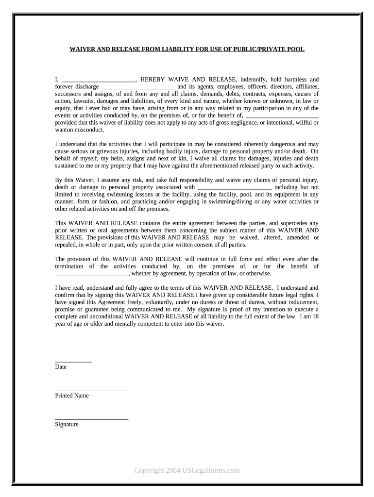 Parental Consent Form Printable Swimming Pool Waiver Template