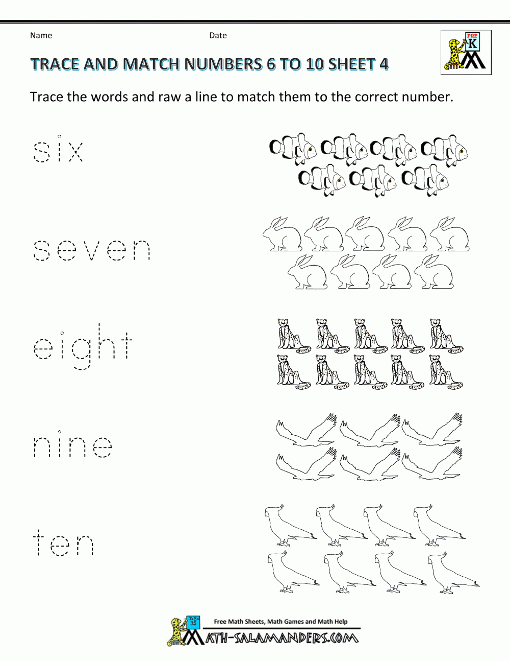 Pre K Math Worksheets Matching 6 To 10