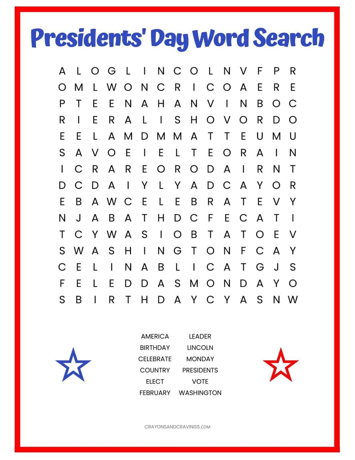 Presidents Day Word Search FREE Printable Worksheet