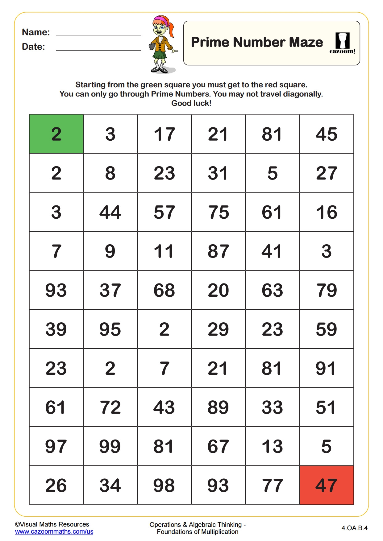 Prime Number Maze PDF Printable Operations And Algebraic Thinking Worksheets