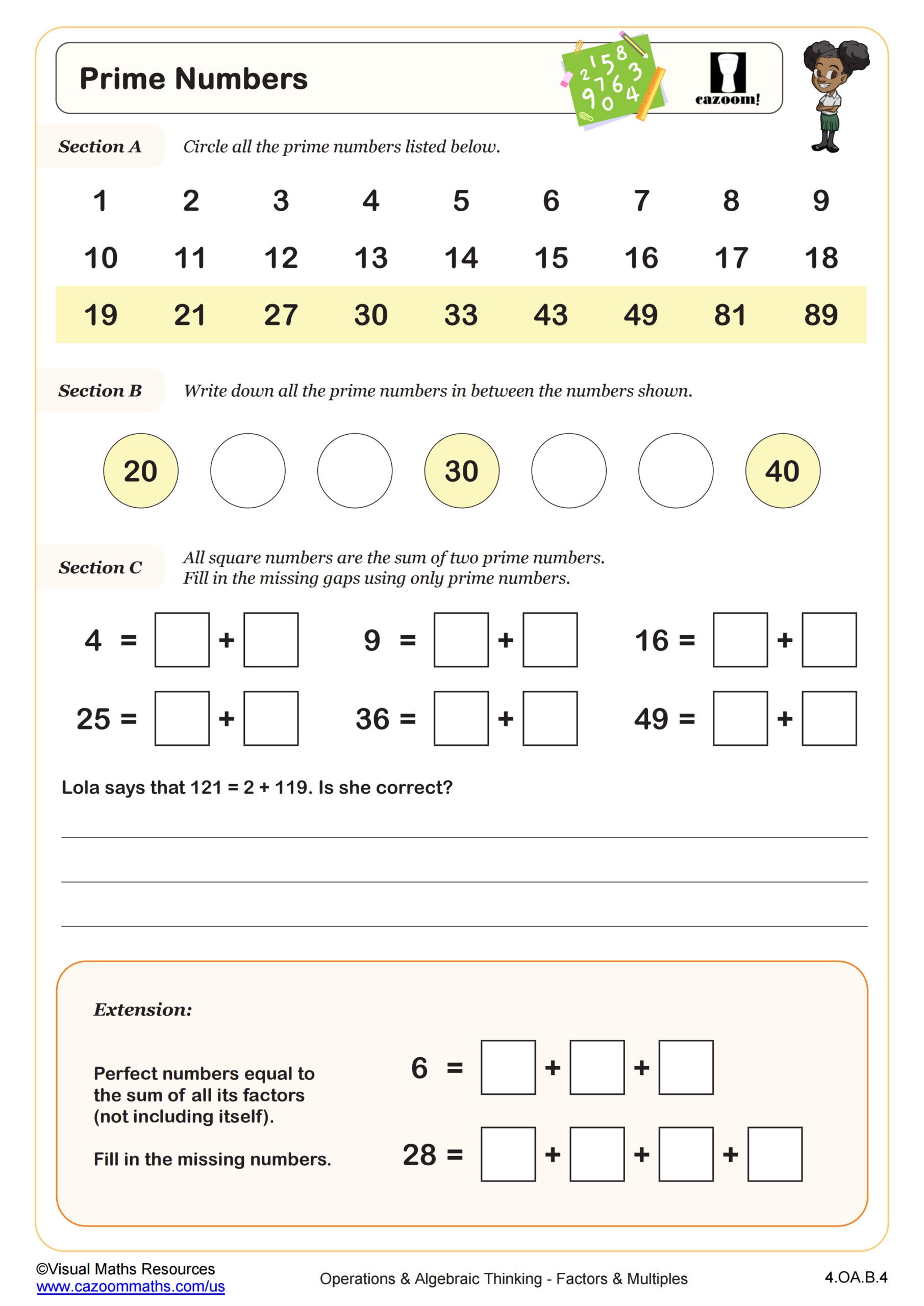 Prime Numbers Worksheet PDF Printable Operations Algebraic Thinking Worksheet