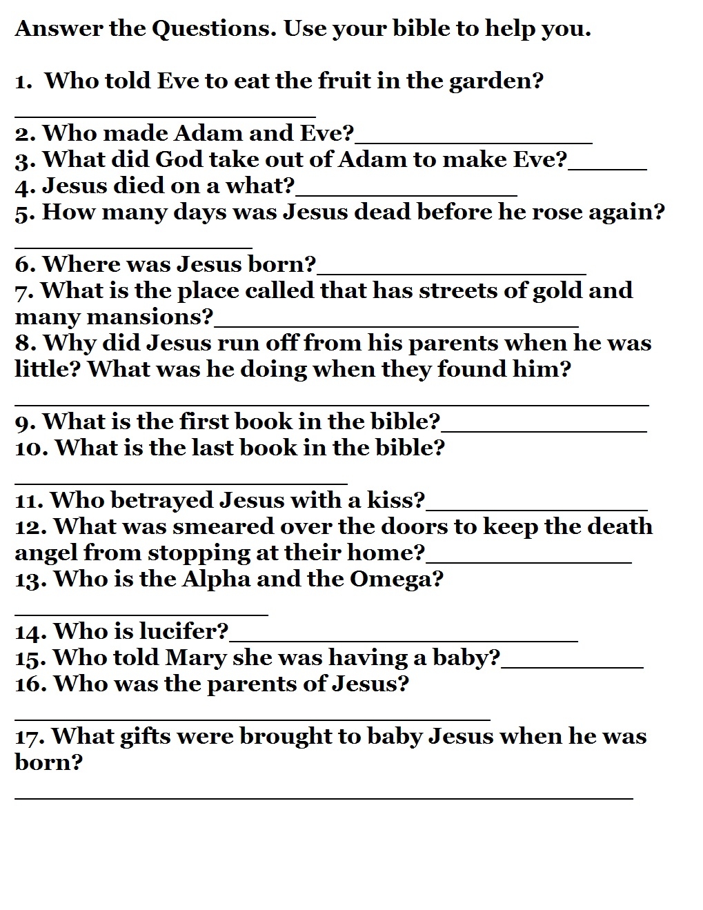 Bible Trivia Quiz Printable