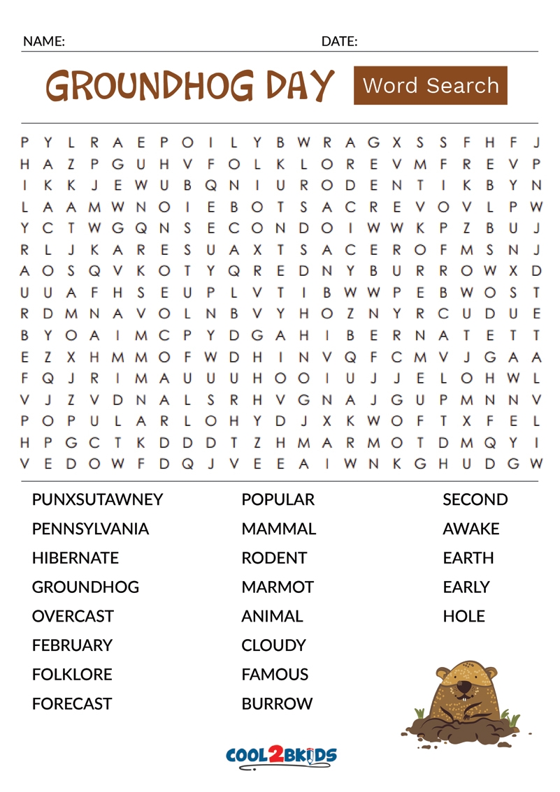 Printable Groundhog Day Word Search Cool2bKids