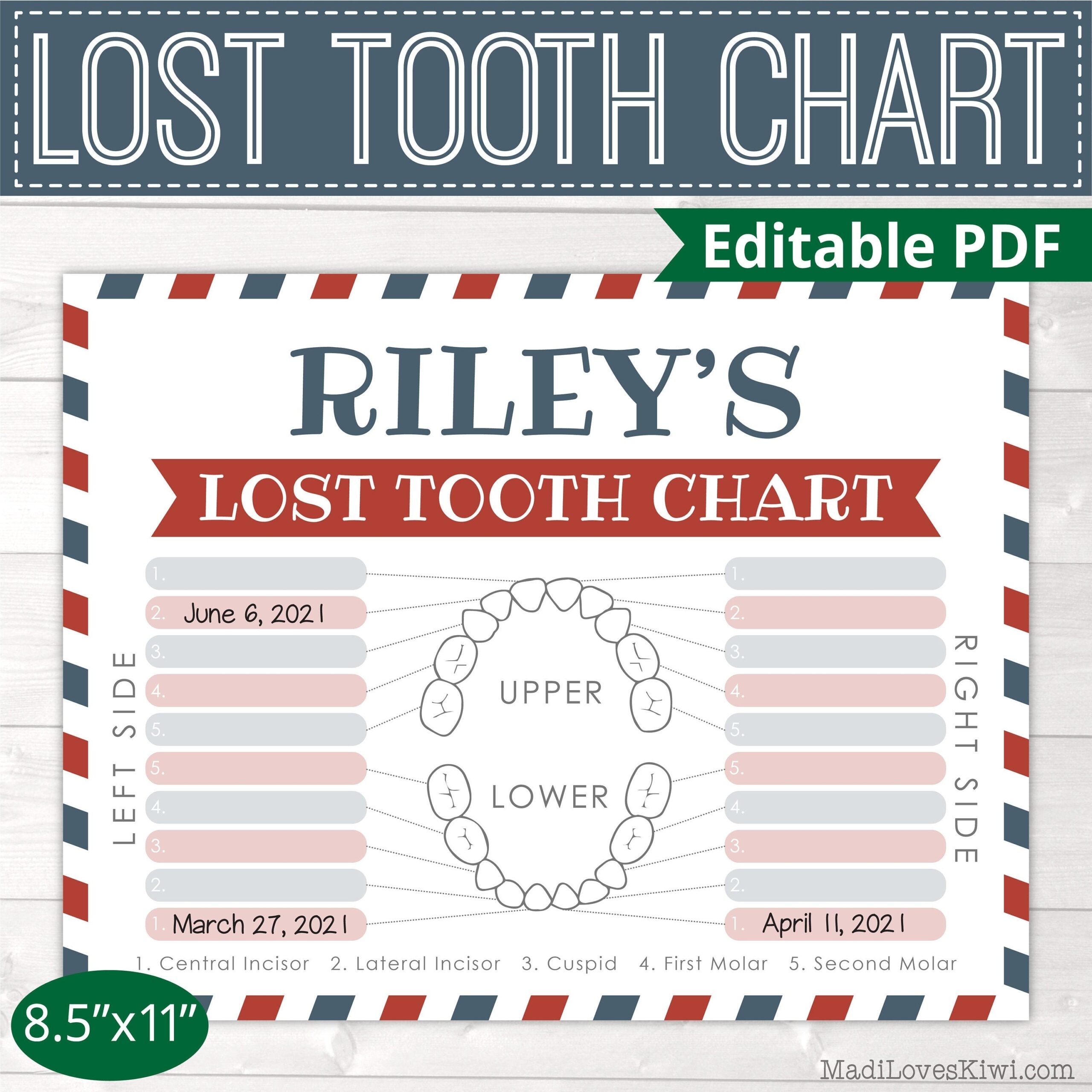 Printable Lost Tooth Chart Missing Teeth Tracker Instant Download Gift Idea From Tooth Fairy For Boy Girl Blue Red Dental Digital Fairy Etsy