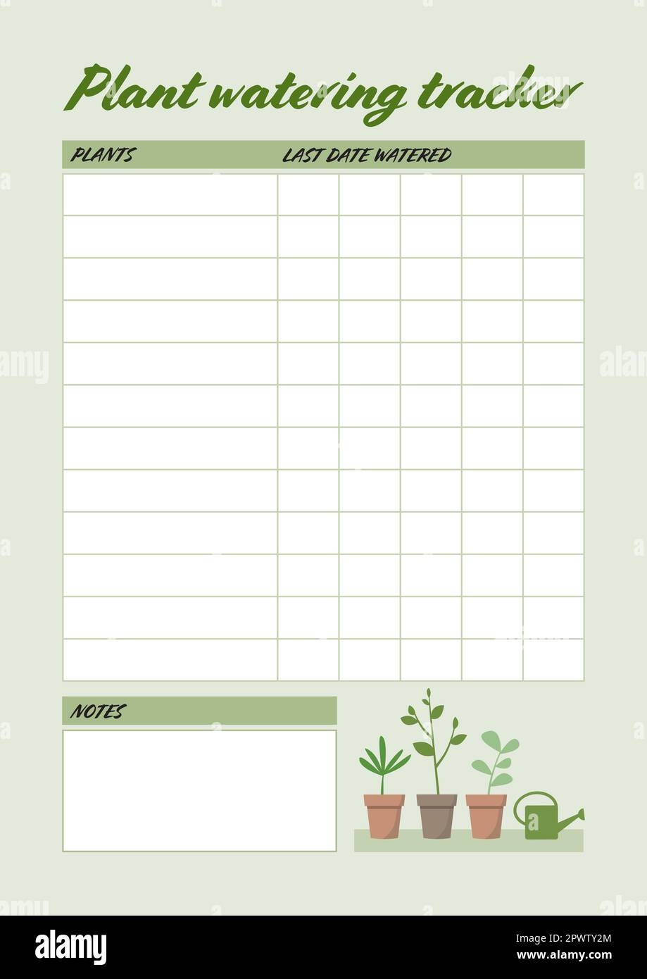 Printable Plant Watering Tracker A5 Sized Template For Houseplant Care Scheduling Stock Vector Image Art Alamy