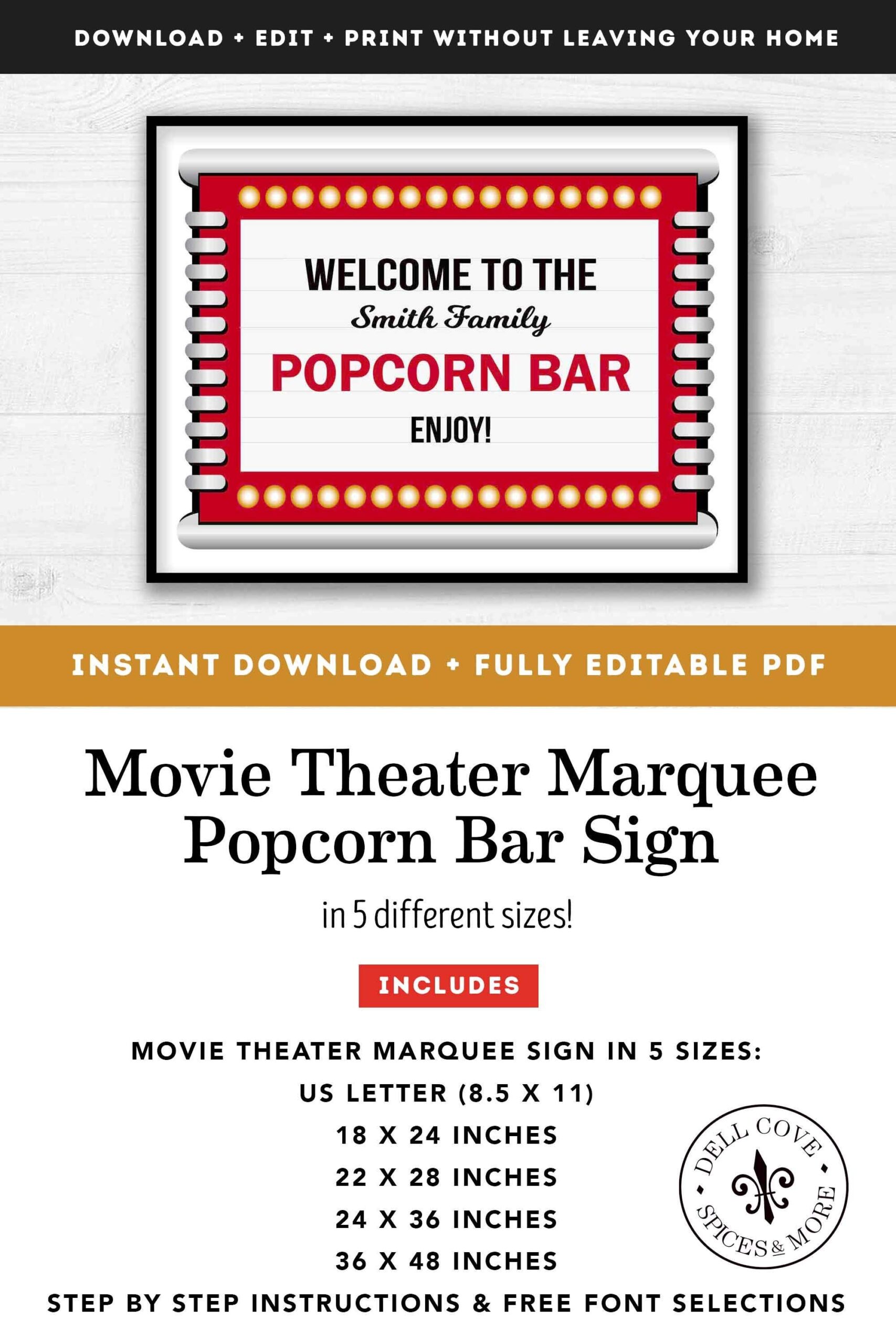 Printable Popcorn Bar Welcome Sign For Movie Night Instant Download Theater Marquee Sign DIY Fully Custom PDF Instant Digital Download Etsy