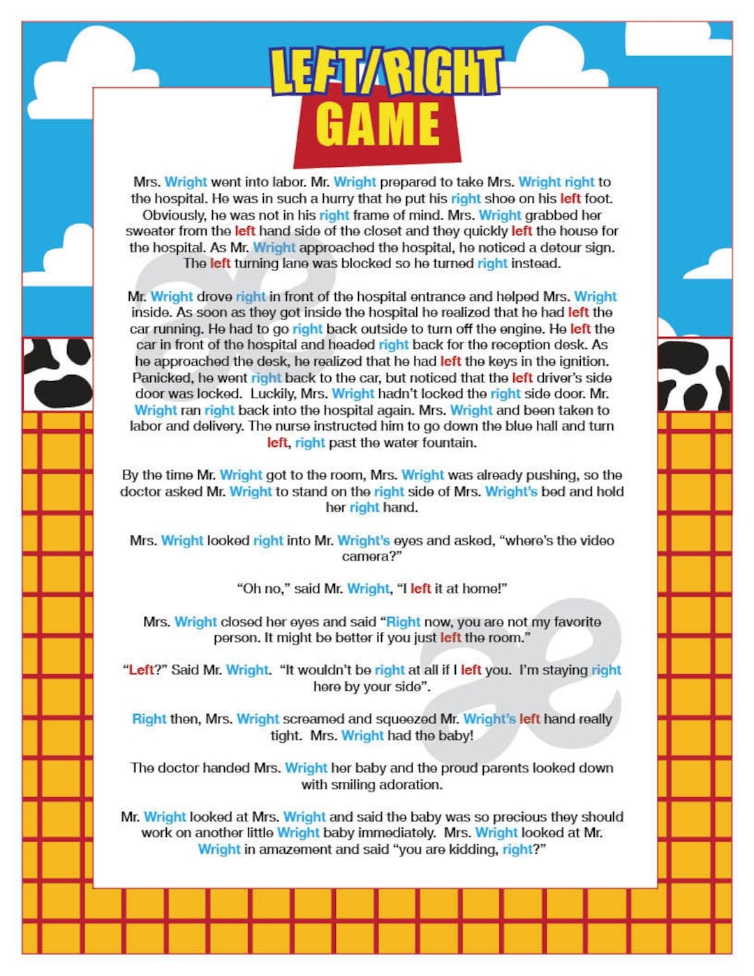 Printable Shower Game Left Right Game Instant Download Toy Story Etsy