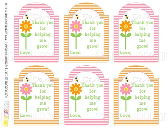 Printable Teacher Appreciation Gift Tags Thank You For Helping Me Grow Gift Tags Pink And Orange Stripe Gift Tags By SUNSHINETULIPDESIGN Etsy