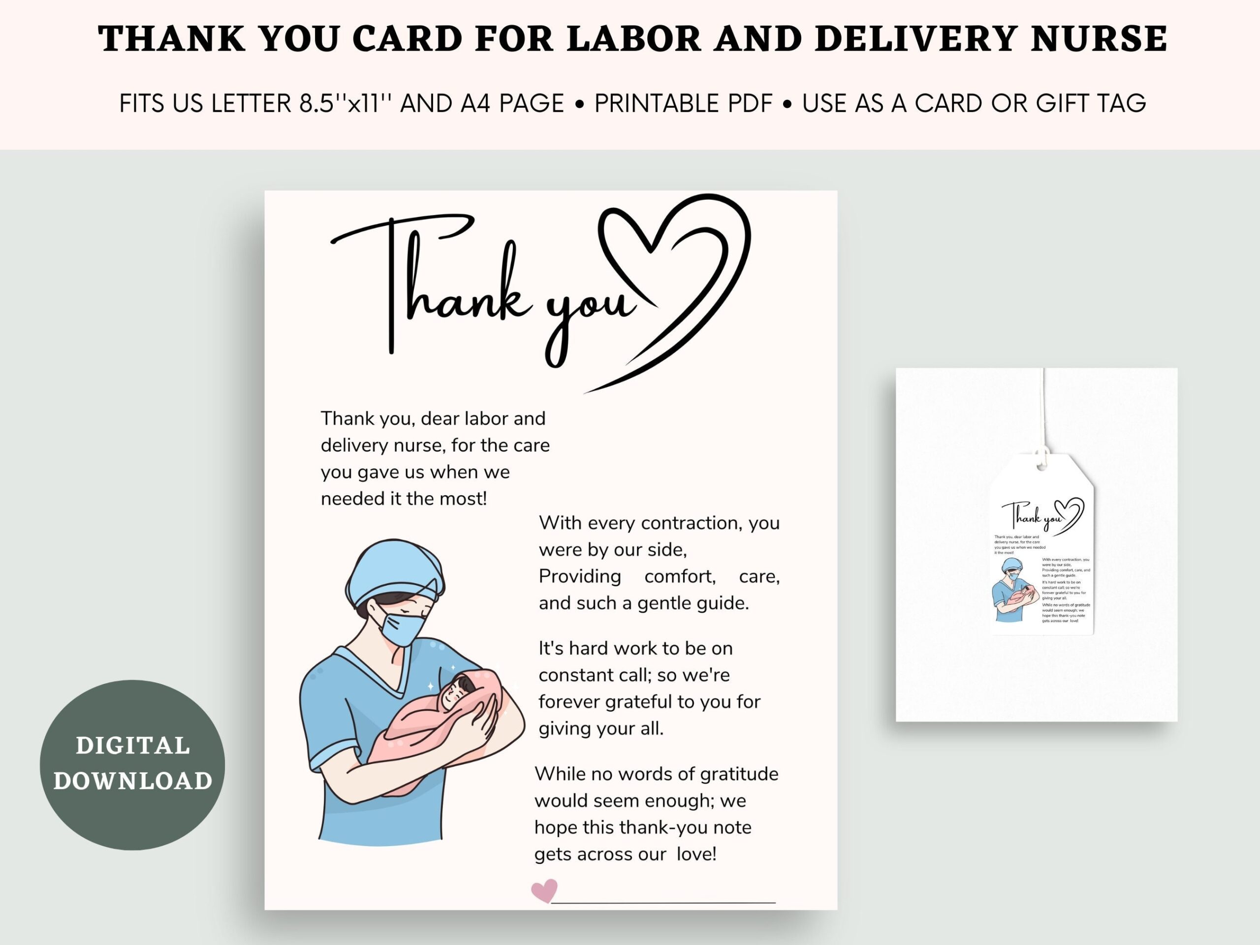 Printable Thank You Note For Labor And Delivery Nurse Printable Thank You Gift Tag For Labor And Delivery Nurse L D Nurse Thank You Card Etsy