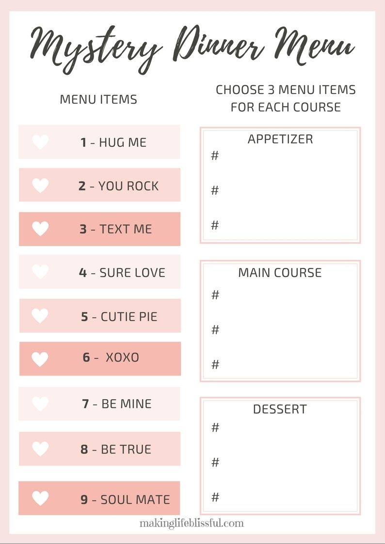 Put On A Hilarious Valentine Mystery Dinner And Use These FREE Printable Dinner Menus To Make It Eas Family Valentines Dinner Mystery Dinner Valentines Mystery