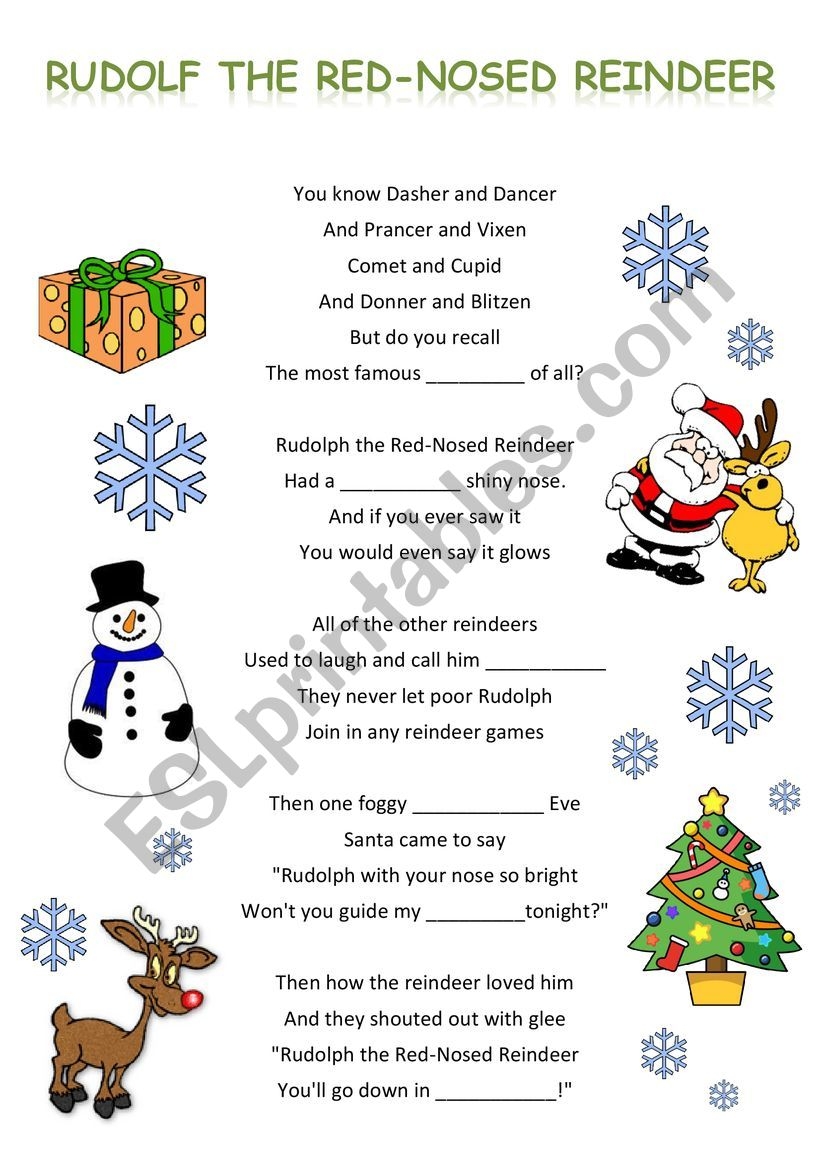 Rudolph The Red nosed Reindeer Song Text With Gaps easy For Beginners ESL Worksheet By Kailu1983