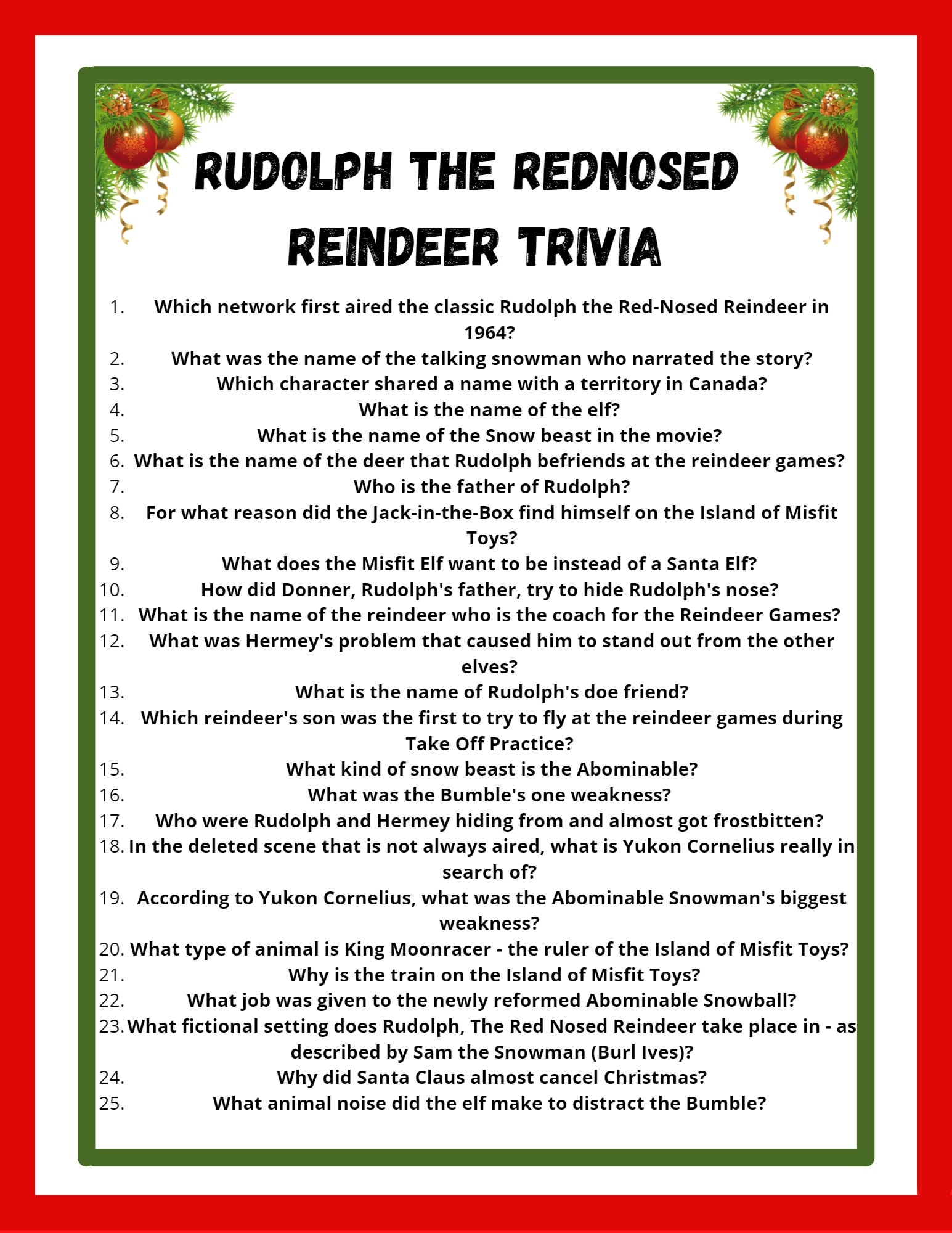 Rudolph Trivia Game Rudolph The Rednosed Reindeer Printable Christmas Game Etsy Israel