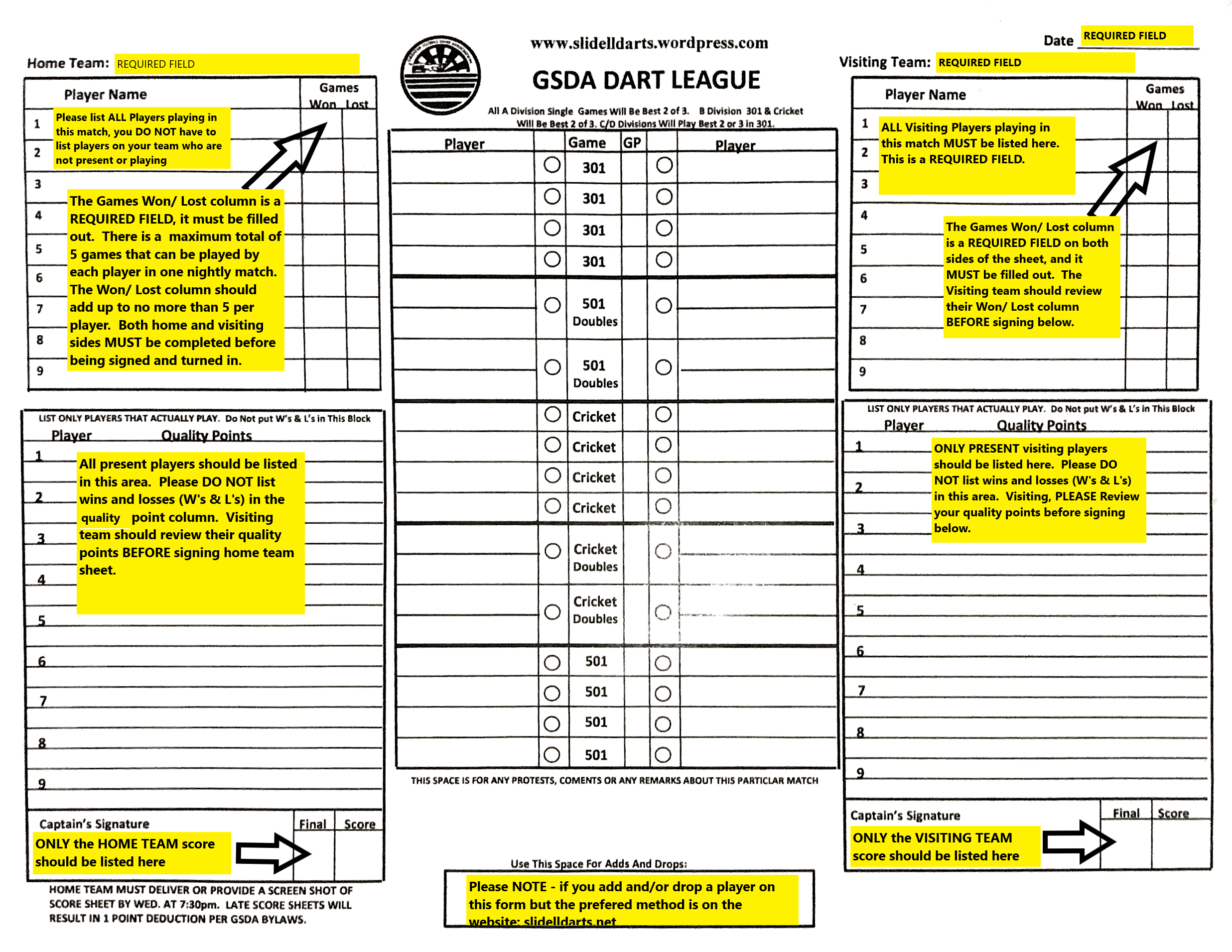 Score Sheet Greater Slidell Dart Association