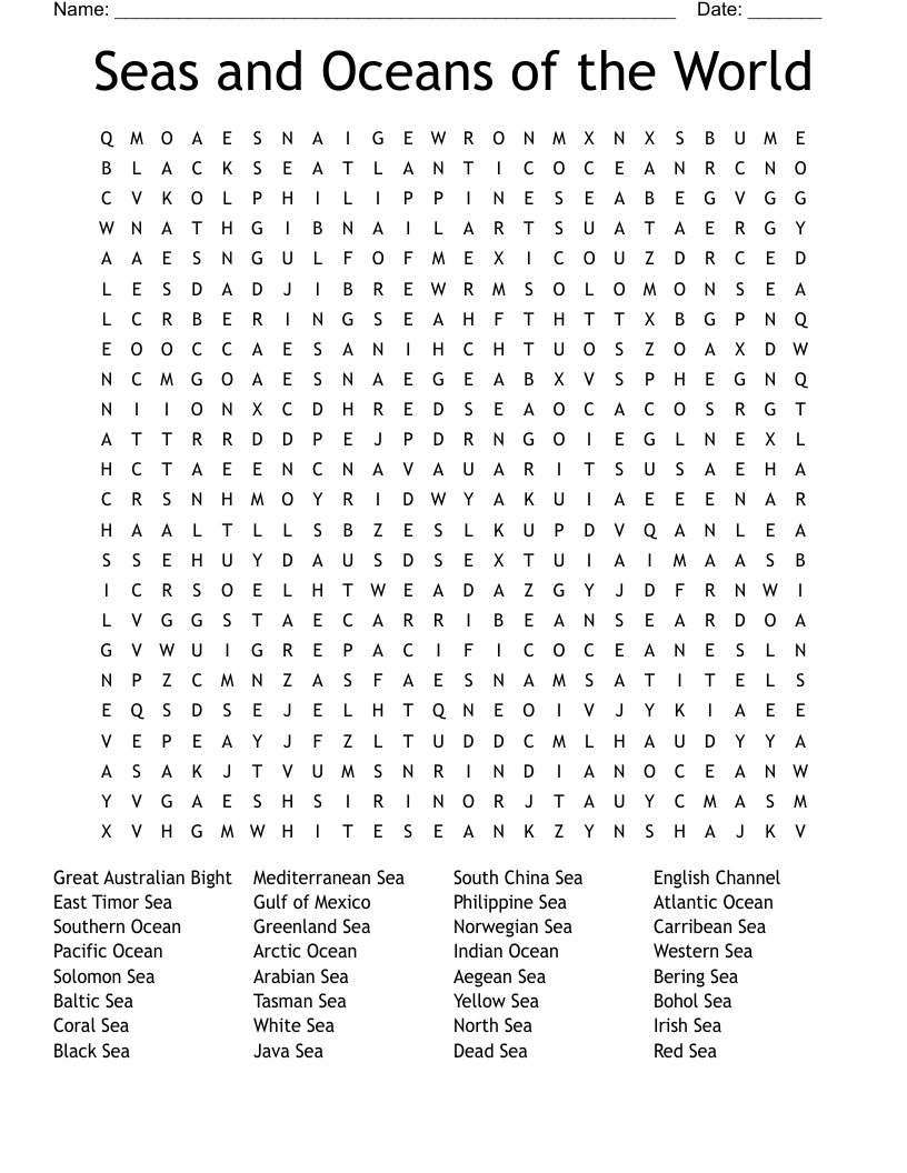 Seas And Oceans Of The World Word Search WordMint