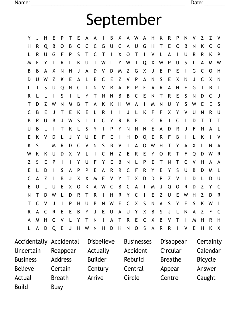 September Word Search WordMint