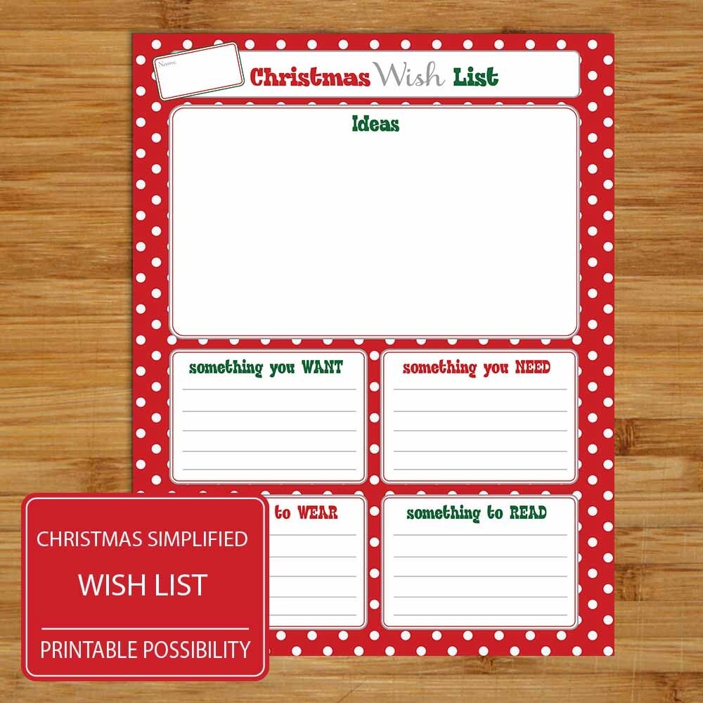 Simplified Christmas Wish List Gift Ideas Brain Storming Christmas List Something You Want Need Wear Read 8 5 X 11 Inch Printable Etsy