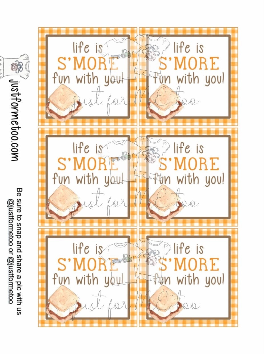 Smores Printable Tags Instant Download life Is S more Fun With You Square Printable S mores Campfire Camping Birthday Fall Orange Etsy