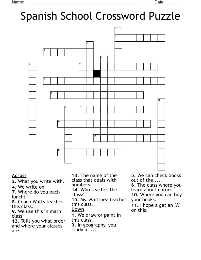 Spanish School Crossword Puzzle WordMint